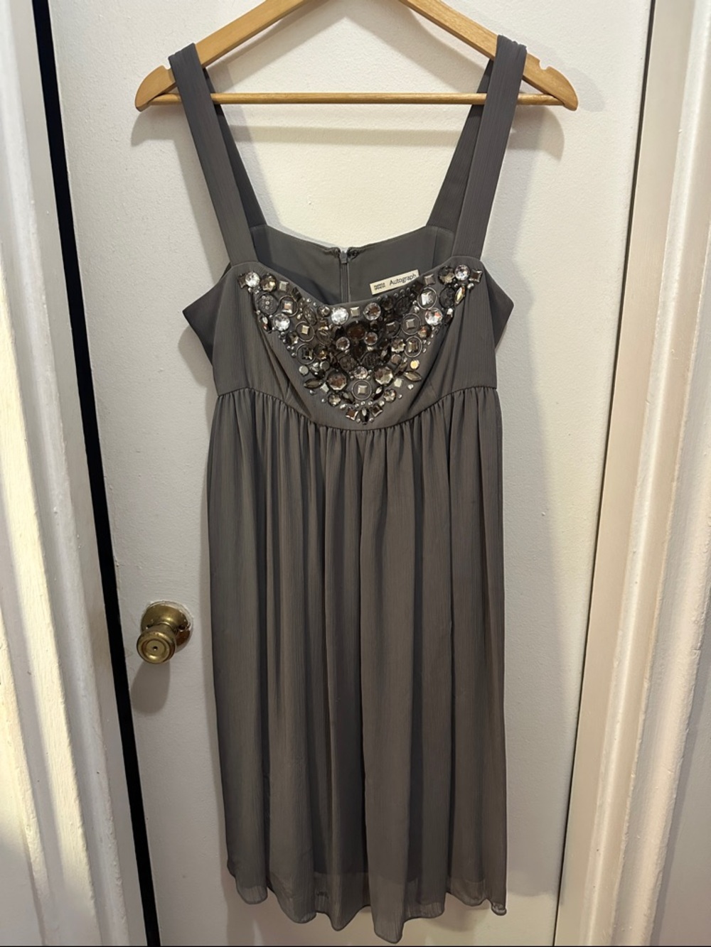 Autograph Charcoal Gray Chiffon Dress with Jewel Bodice